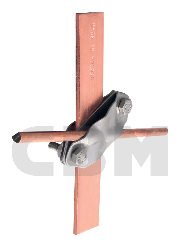 Skew clamp universal to connect rod to tape or circular conductor