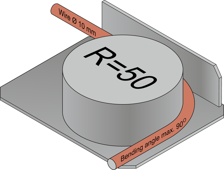 Bending tool for Ø 10 mm wire: bending radius R = 50 mm, bending angle max. 90°