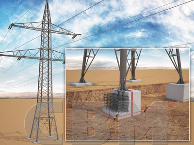 Visualisation of a lattice tower of a high-voltage line; close-up of the footing with reinforcement and the earthing tape in the ground