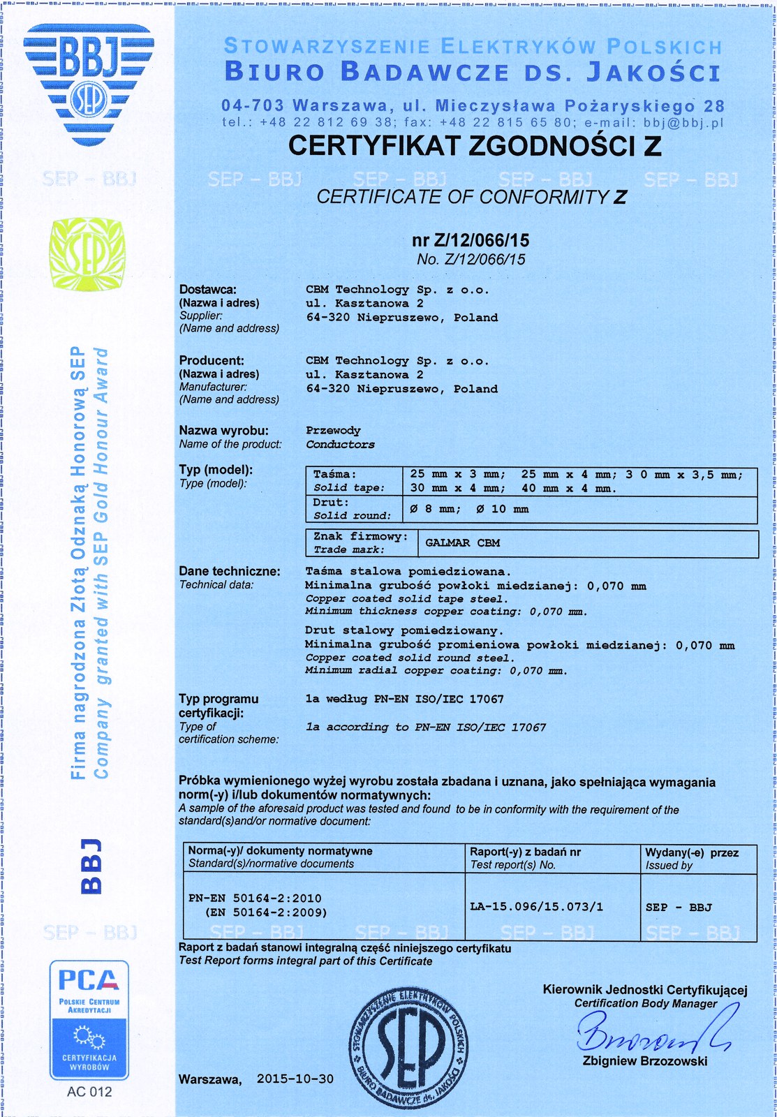 Scan of certificate of conformity no. Z/12/066/15 issued by the BBJ laboratory