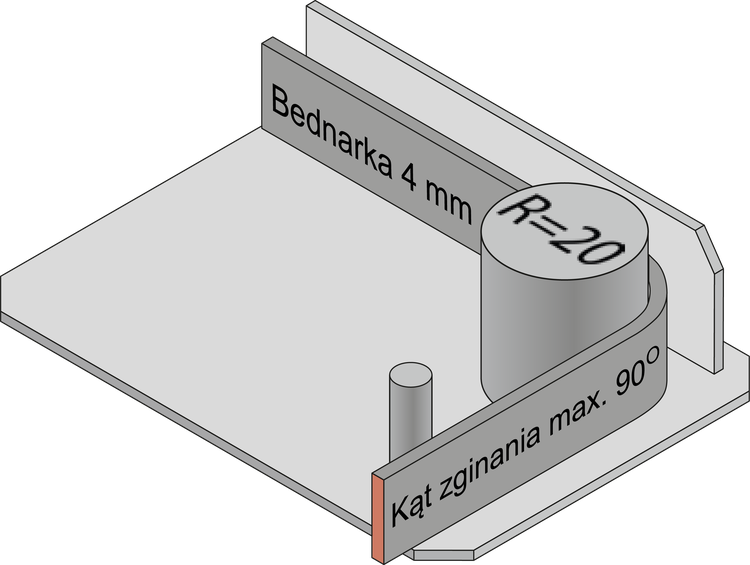 Rysunek przyrządu do gięcia bednarki cynowanej 4 mm: promień gięcia R = 20 mm, kąt zginania max. 90°