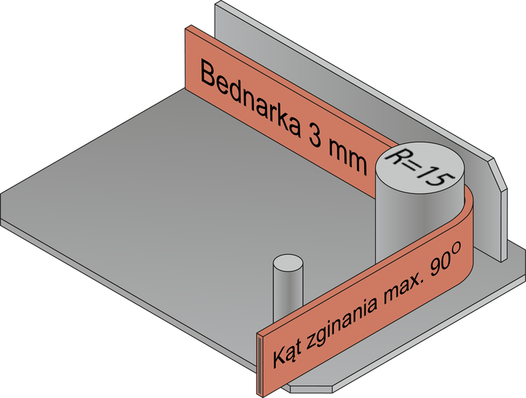 Rysunek przyrządu do gięcia bednarki 3 mm: promień gięcia R = 15 mm, kąt zginania max. 90°