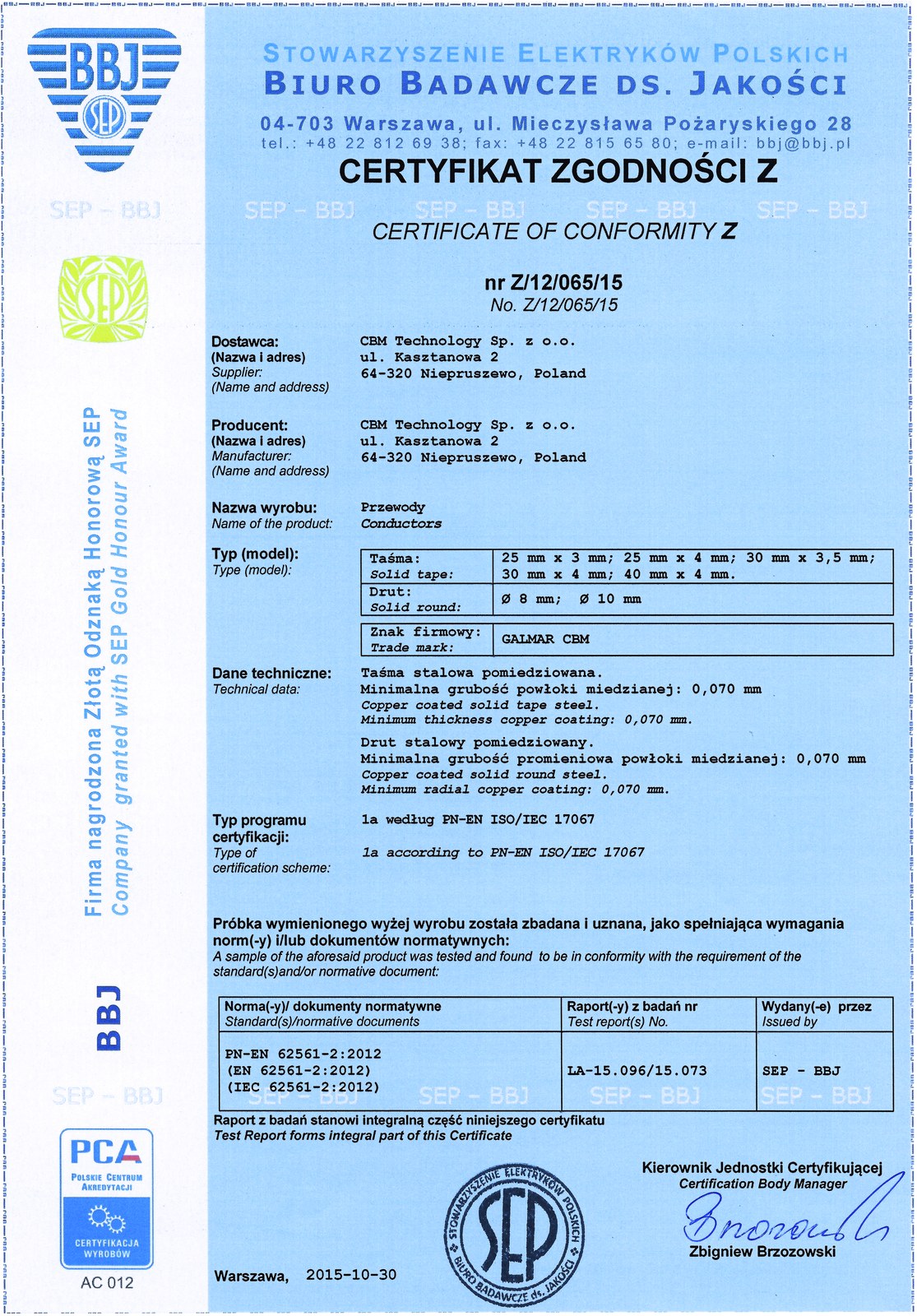Scan of certificate of conformity no. Z/12/065/15 issued by the BBJ laboratory