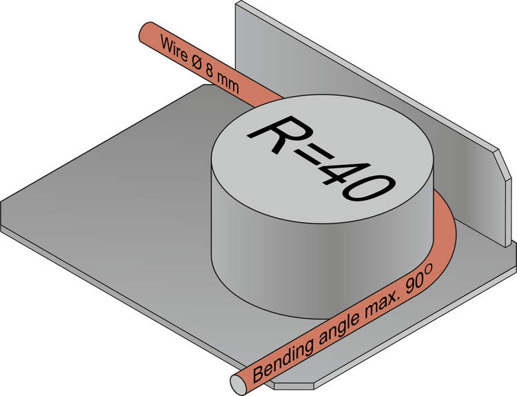 Bending tool for Ø 8 mm wire: bending radius R = 40 mm, bending angle max. 90°