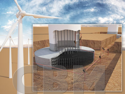 Visualisation of a wind turbine; close-up of the tower foundation with reinforcement and the earthing tape laid in the ground around it