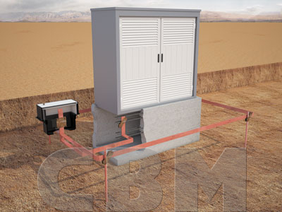 Visualisation of a container transformer station on a foundation with the earthing ring tape laid in the ground around it