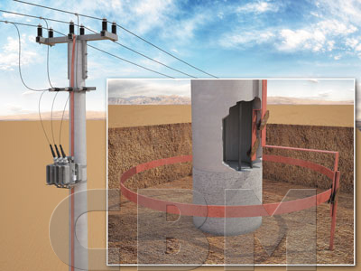 Visualisation of a concrete pole of a medium-voltage line; close-up of the earthing tape laid in a ring around the base of the pole and led inside it