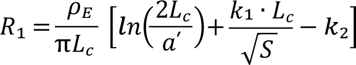 R1 = ρE / (π · Lc) · [ln(2Lc / a′) + k1 · Lc / √S − k2]