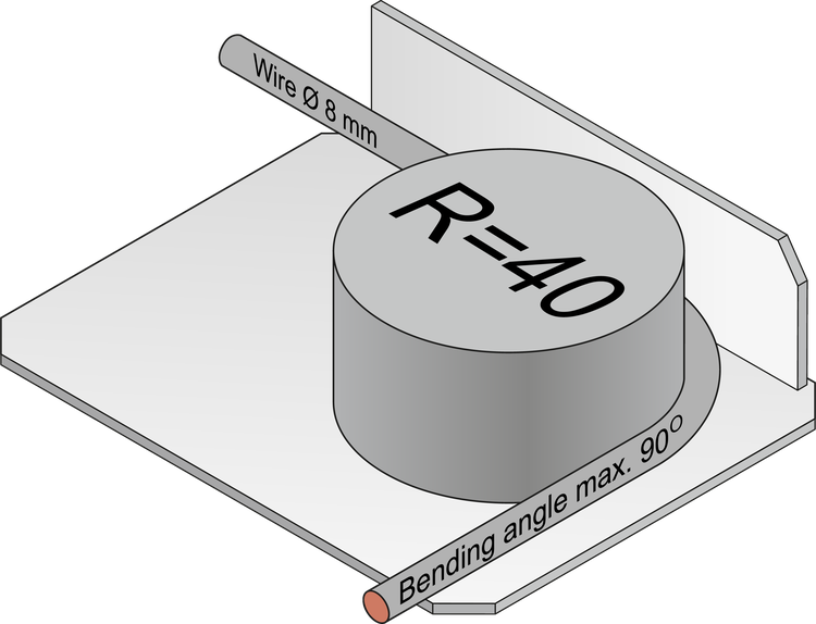 Bending tool for Ø 8 mm tinned wire: bending radius R = 40 mm, bending angle max. 90°